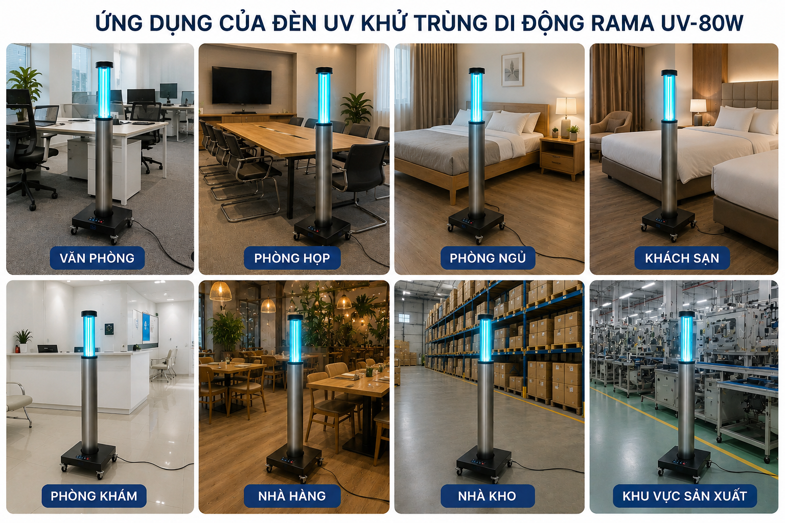 Đèn UV khử khuẩn di động Rama UV 80W được ứng dụng trong nhiều lĩnh vực