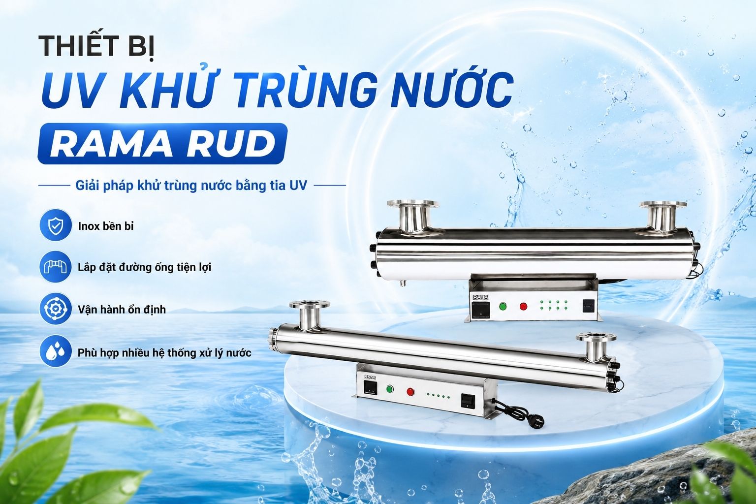 Thiết bị UV khử khuẩn nước hồ bơi Rama RUD-7B150W – Giải pháp xử lý nước lưu lượng lớn