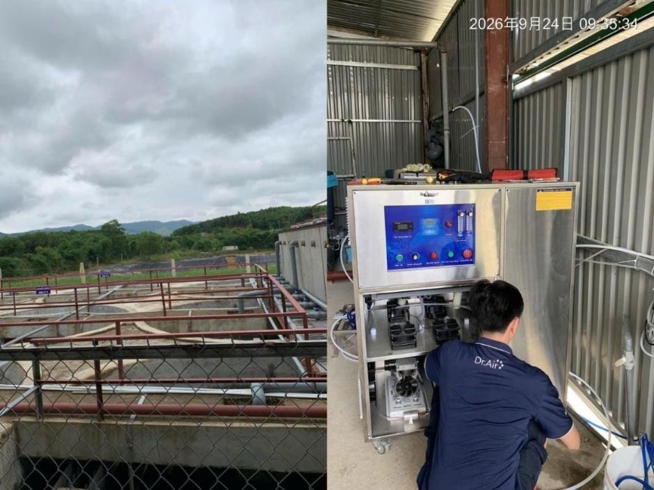 Hệ bể xử lý nước thải nhà máy giấy và kỹ thuật viên lắp đặt máy ozone xử lý nước thải Dr.Ozone D100S